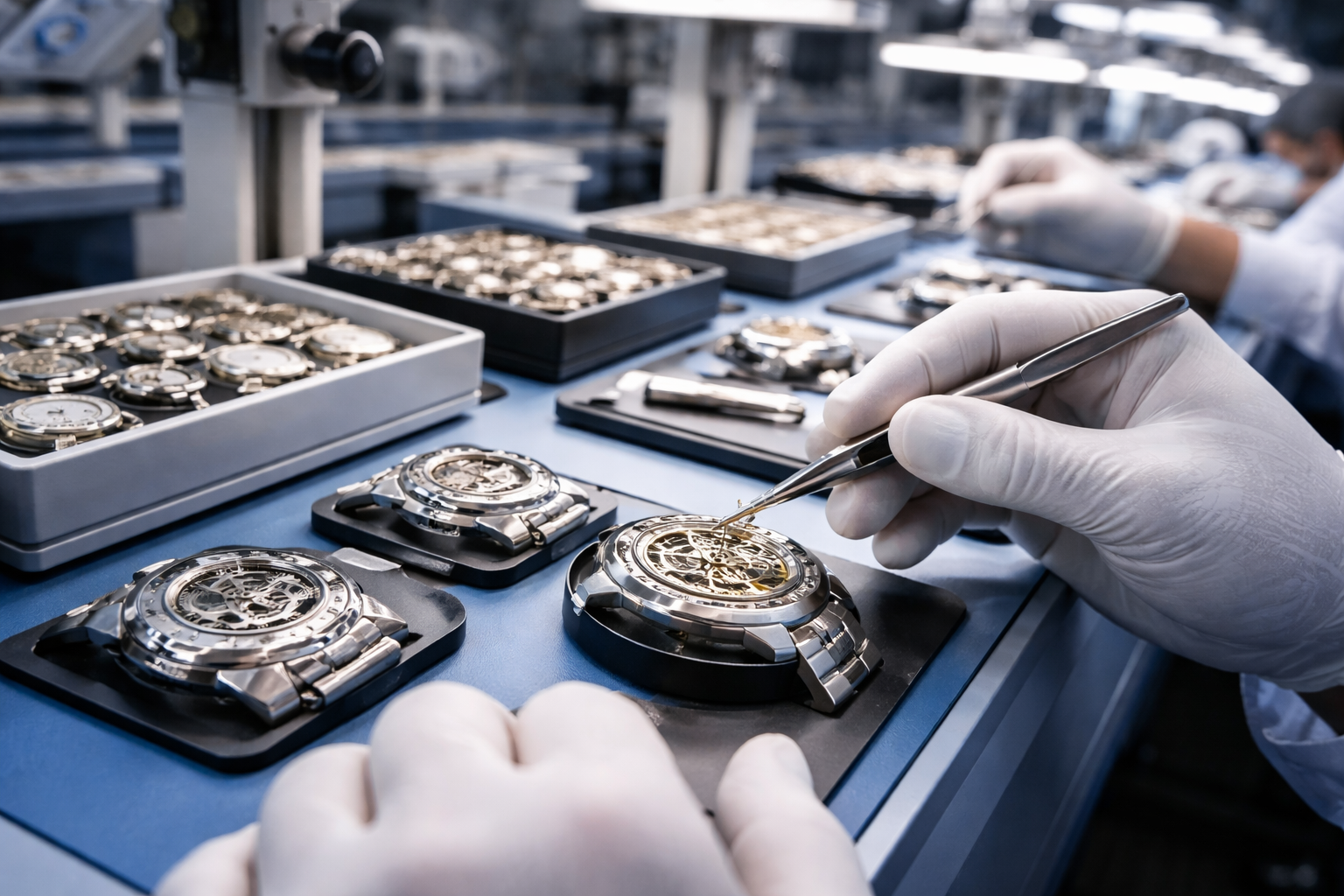 Close-up of watch assembly line with workers and equipment