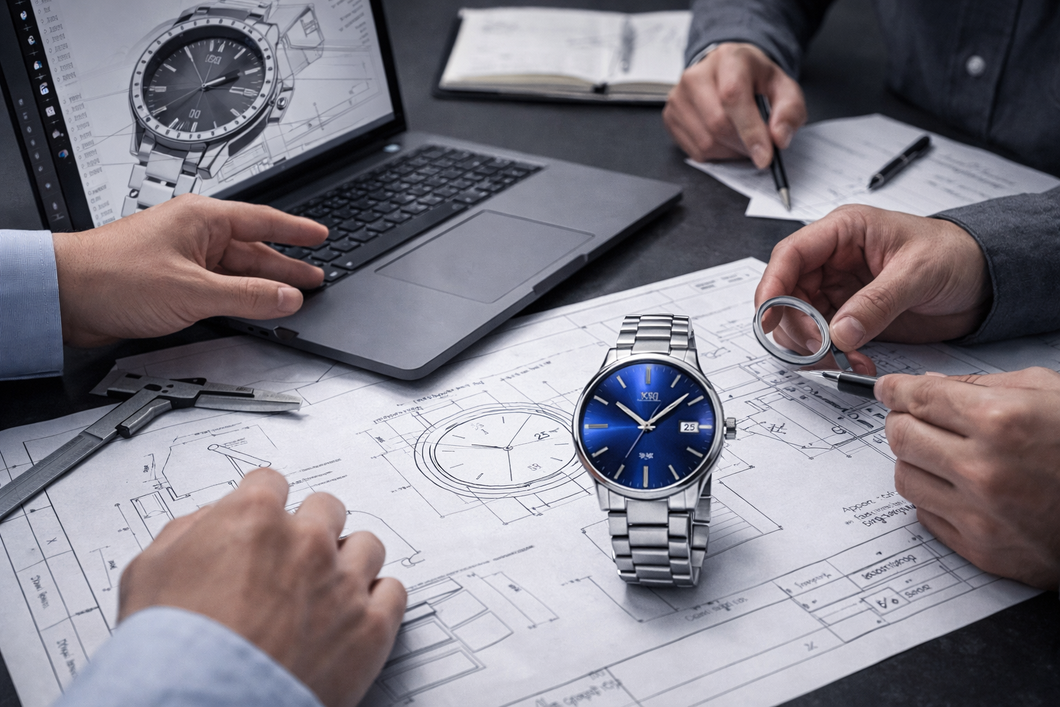 Watch design discussion and engineering analysis scene