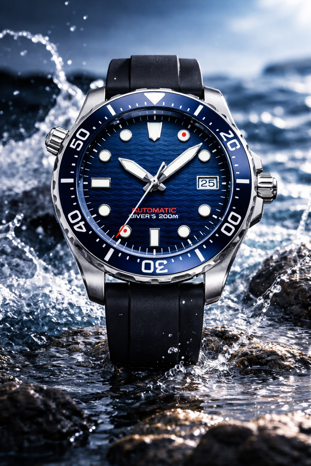 Close-up of diving mechanical watch with rotating bezel and luminous markers underwater style
