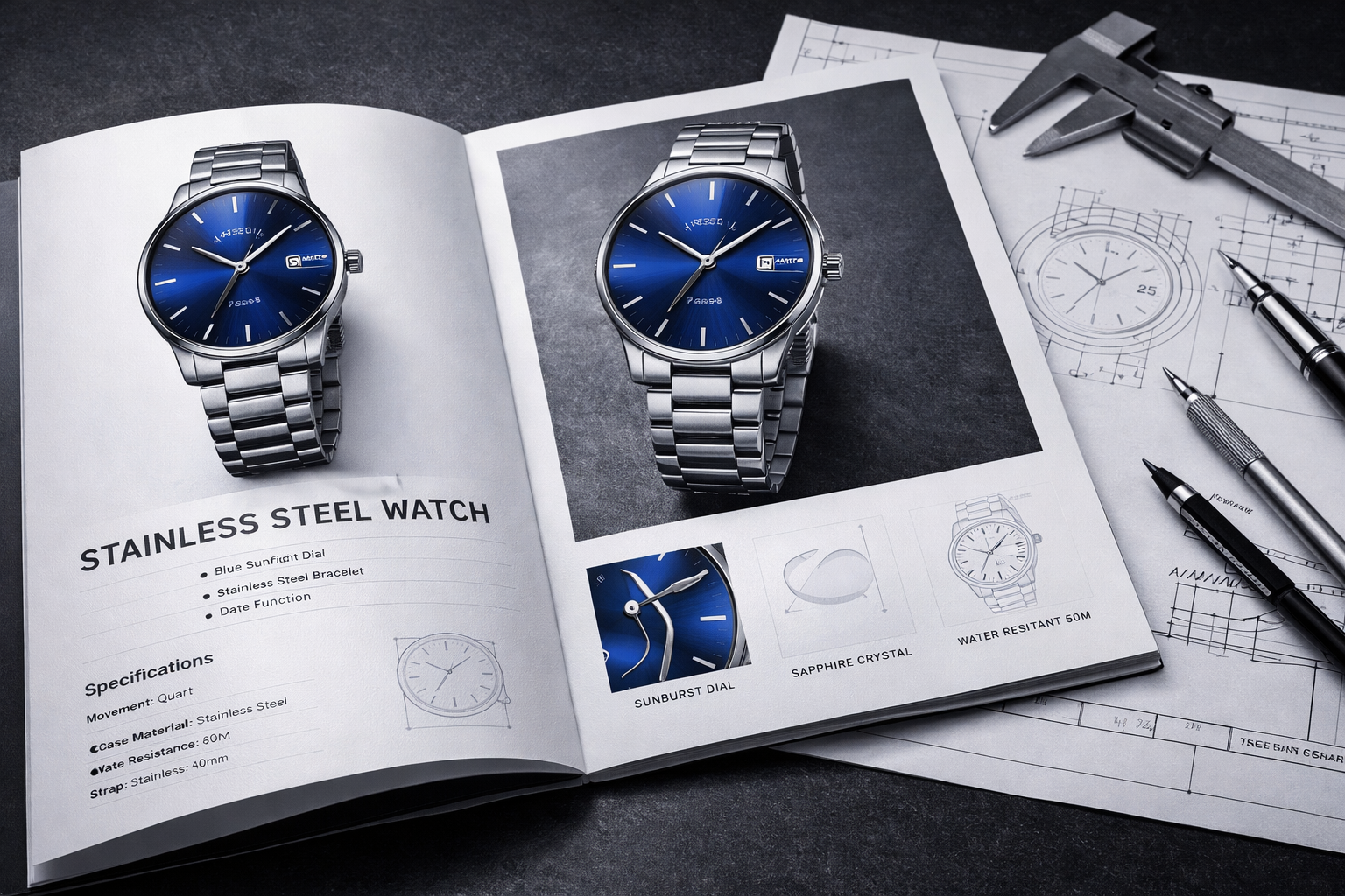 Technical documents and product catalogs for watches