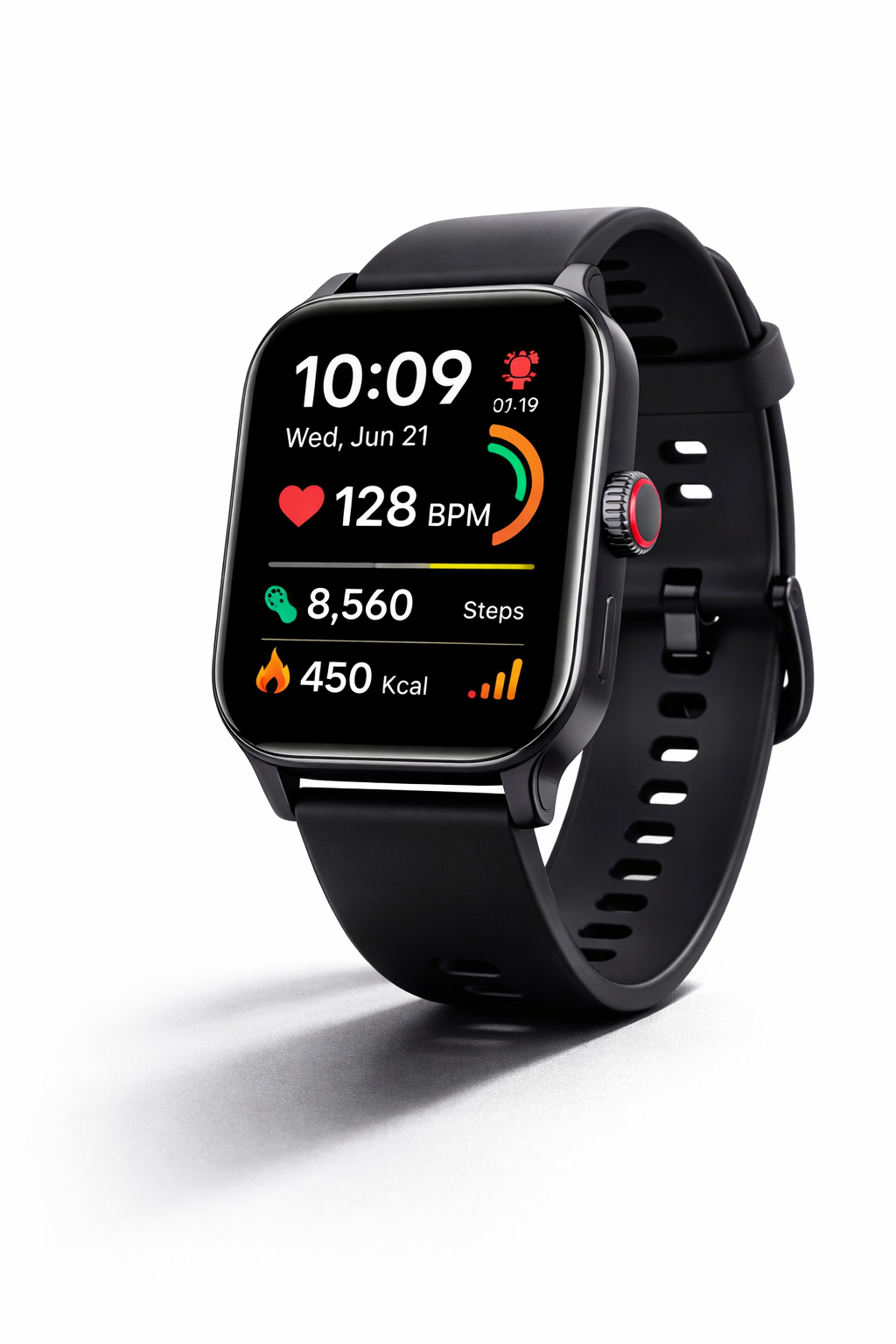 Close-up of fitness smartwatch displaying heart rate, steps, and workout data on digital screen