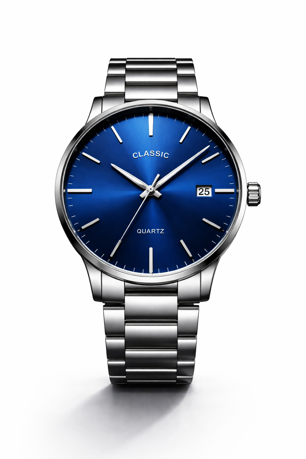Close-up of minimalist quartz watch with clean dial and stainless steel case