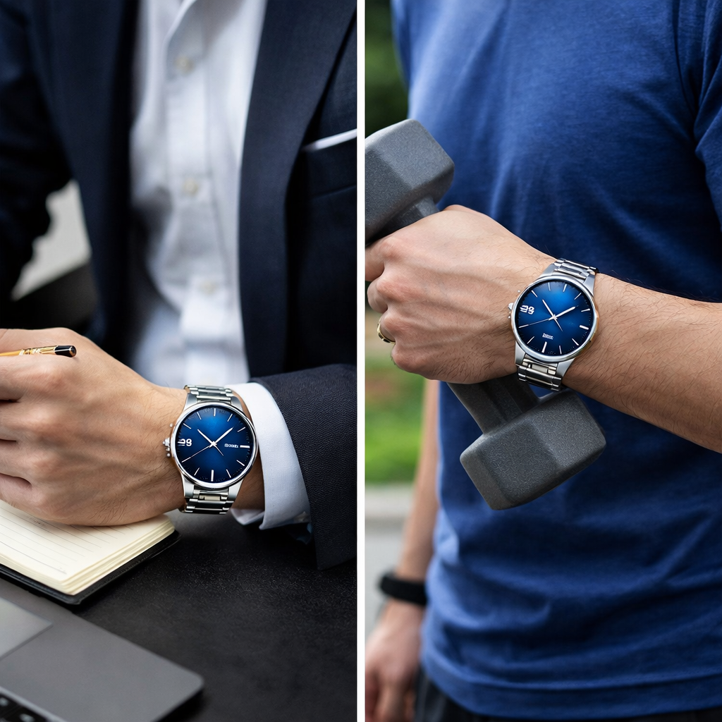 Watch worn in business and sports lifestyle scenarios